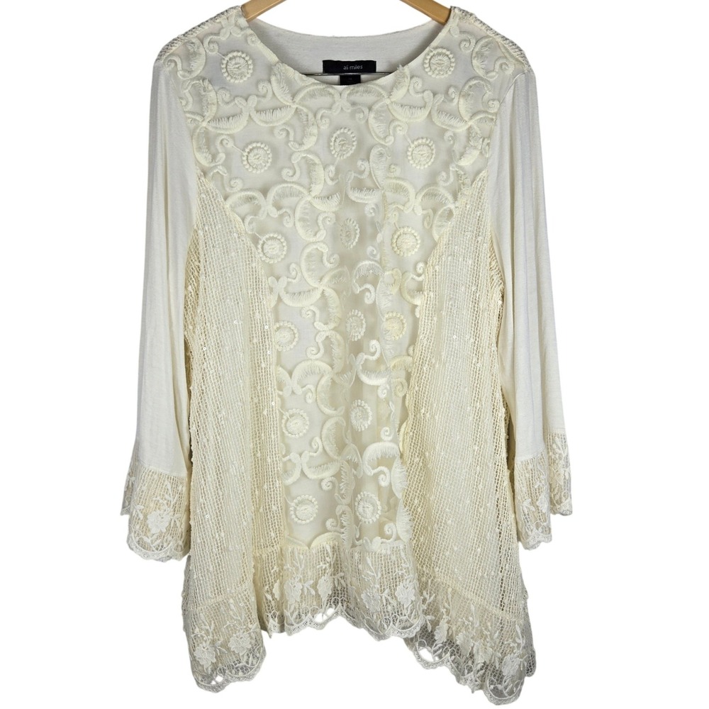 Ali Miles Womens 1X Ivory Lace Embroidered Sequin Tunic Top Bell Sleeve Boho